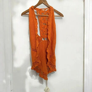 NWT Handknit Orange Crochet Vest/Shawl Bohemian Artsy Knit S/M